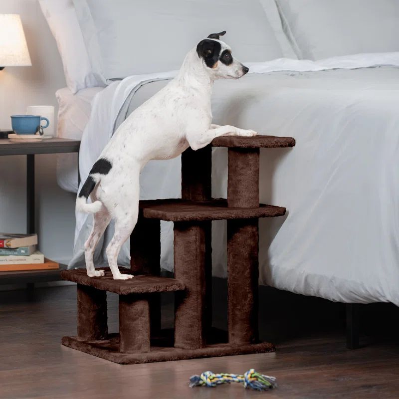 Brown Plush 3-Step Pet Stairs for Small Dogs