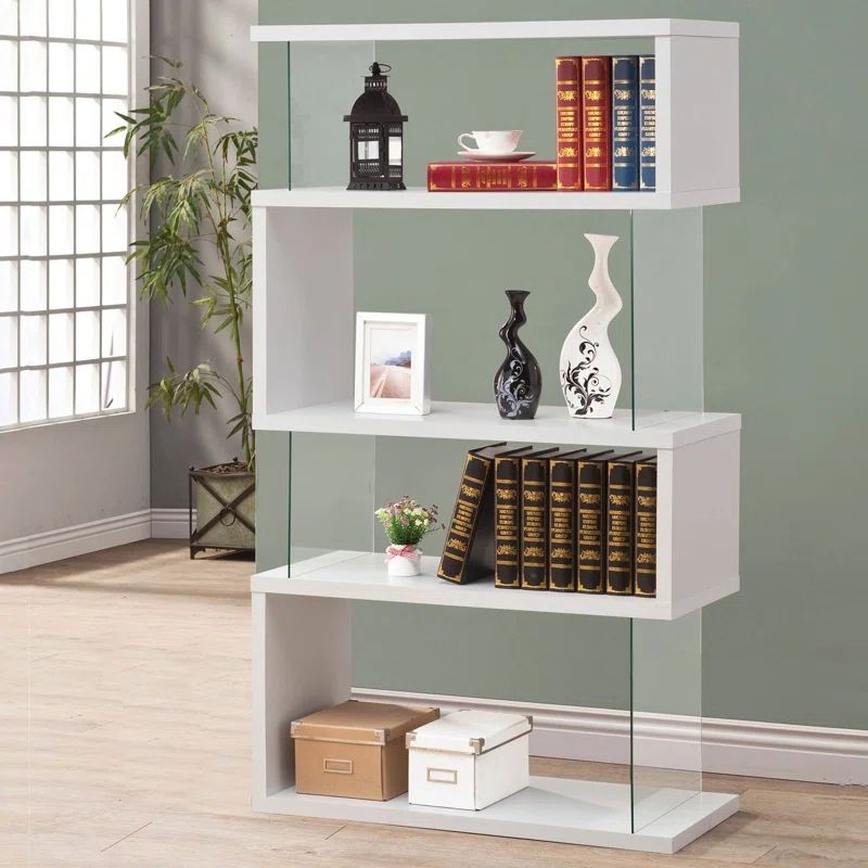 Contemporary White Wood Asymmetrical Snaking Bookshelf