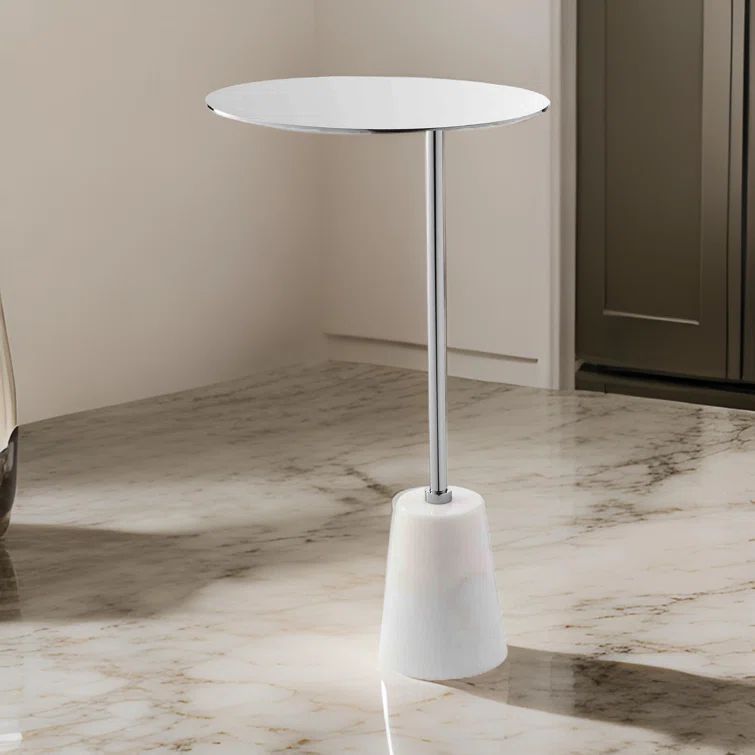 12" Chrome Top White Marble Cone Base Round End Table