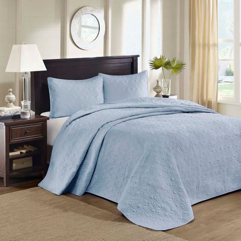 Blue Cotton Reversible King Bedspread Set