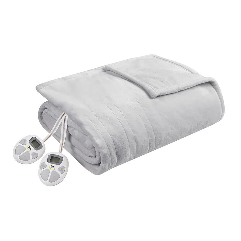 Queen Light Grey Plush Heated Blanket with Controller
