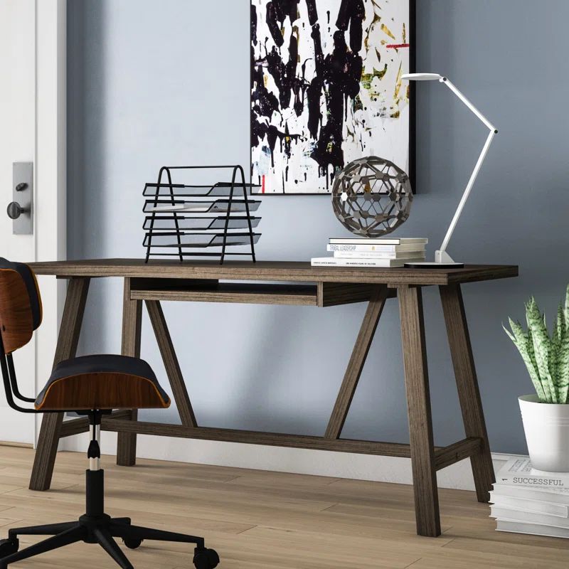 Driftwood Finish 60'' Solid Wood Industrial Writing Desk with Keyboard Tray