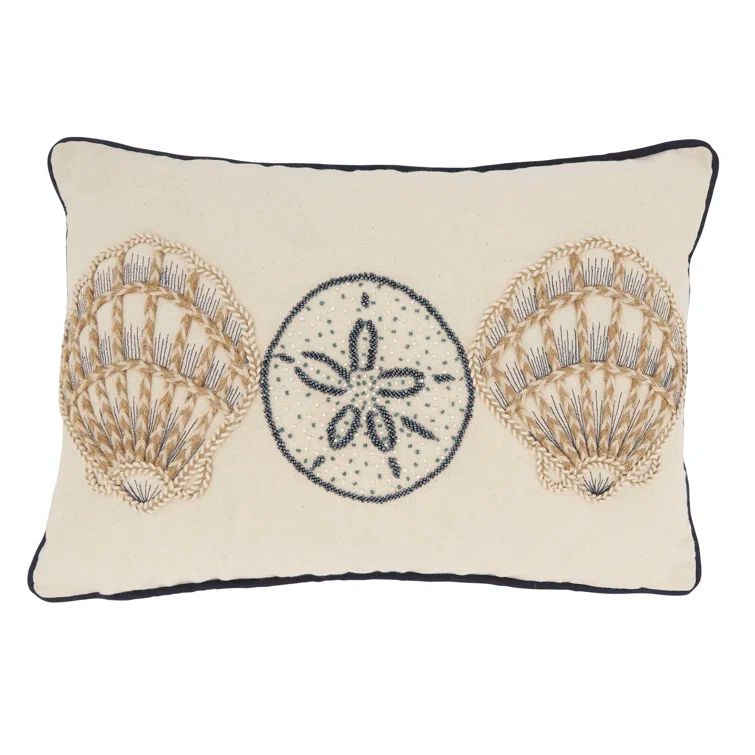 Underwater Wonders Embroidered Shells Off-White Cotton Throw Pillow
