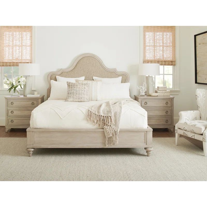 Scandinavian White Washed Wood King Bed with Upholstered Headboard