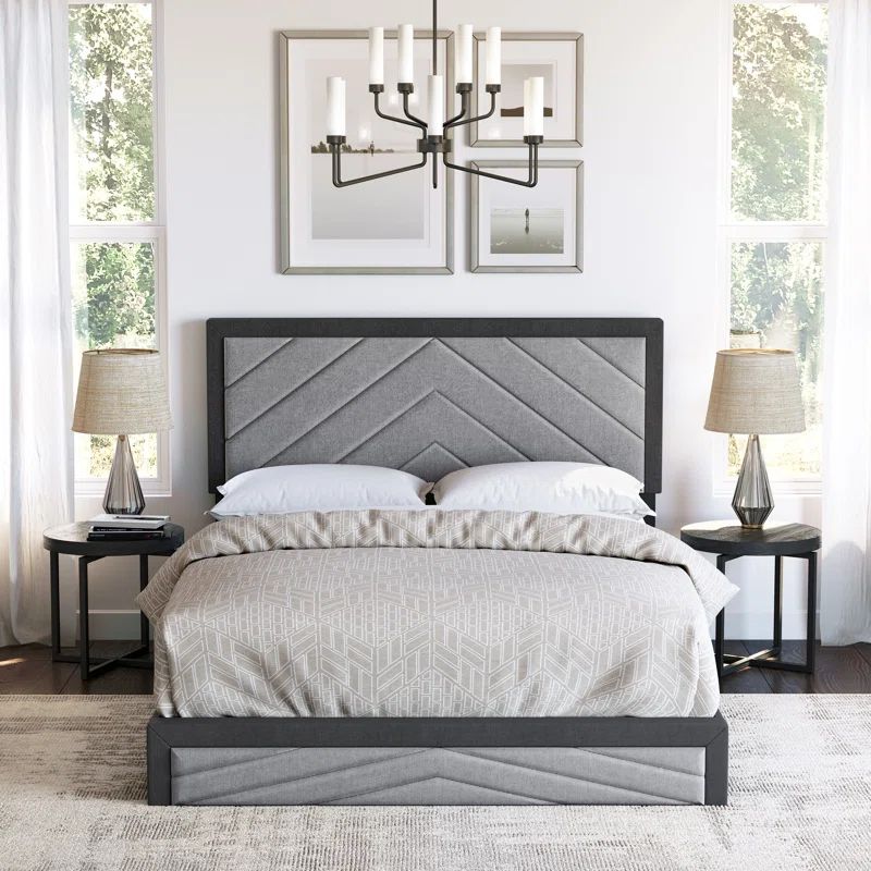 King Gray Linen Upholstered Platform Bed with Chevron Headboard