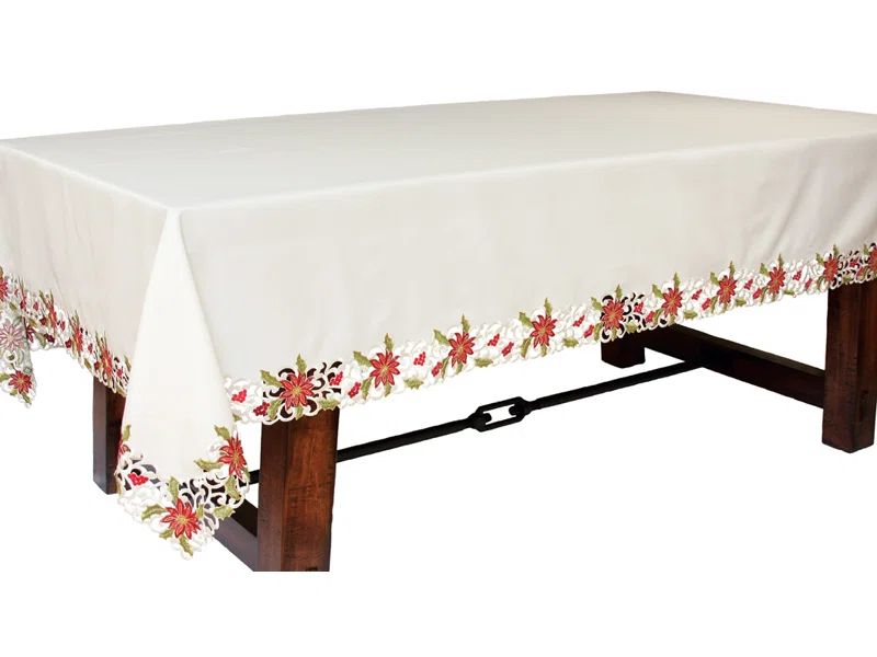 Off-White Embroidered Cutwork Poinsettia Lace Tablecloth, 60" x 84"