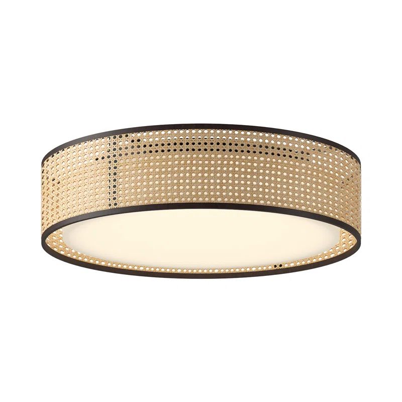 Lyla Natural Cane and Black Metal LED Drum Flush Mount