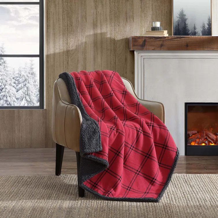 Red and Black Plaid Cotton Sherpa Reversible Throw Blanket
