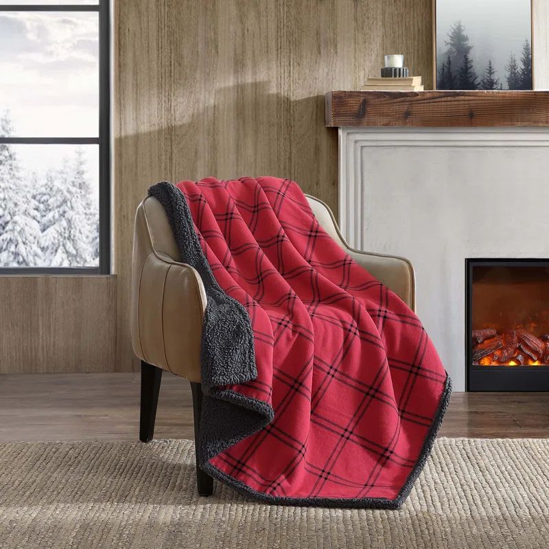 Red and Black Plaid Cotton Sherpa Reversible Throw Blanket