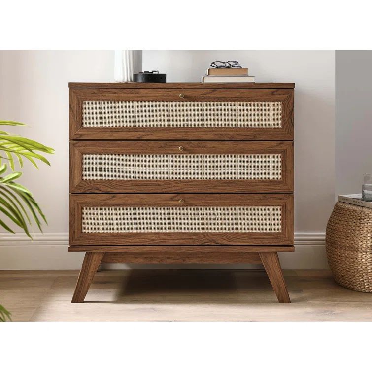 Walnut 3-Drawer Dresser with Rattan Weave Fronts