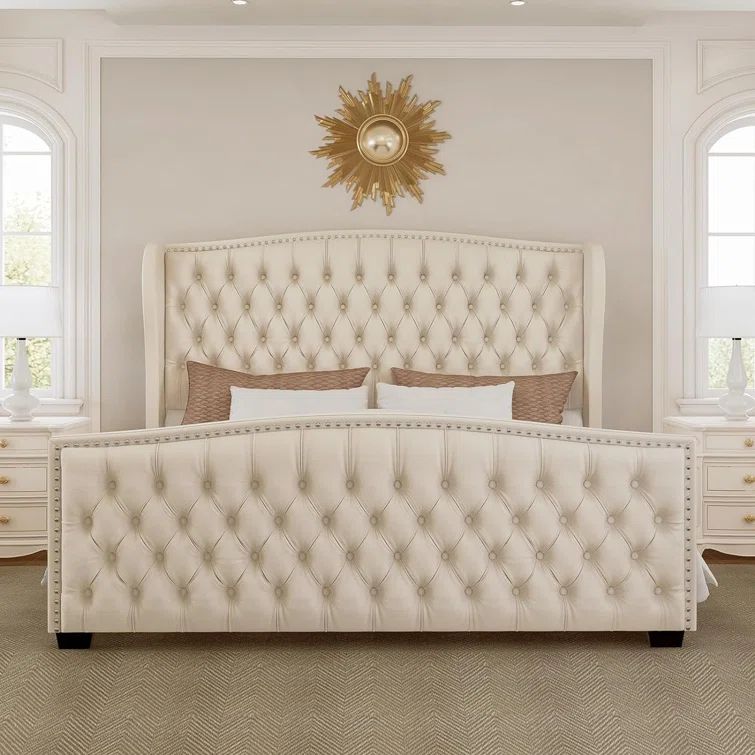 Cream Velvet Queen Platform Bed Frame with Tufted Upholstered Headboard