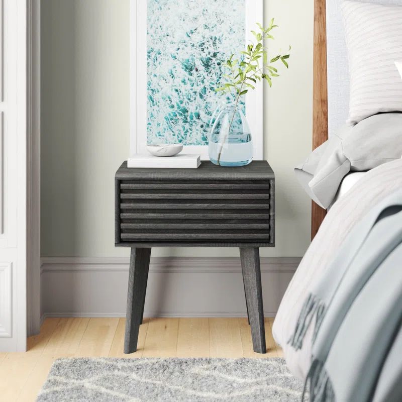 Mid-Century Modern Charcoal Wood Grain End Table with Storage