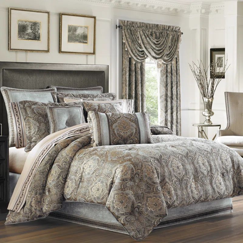 California King Blue Microfiber Comforter Set with Gathered Embellishment