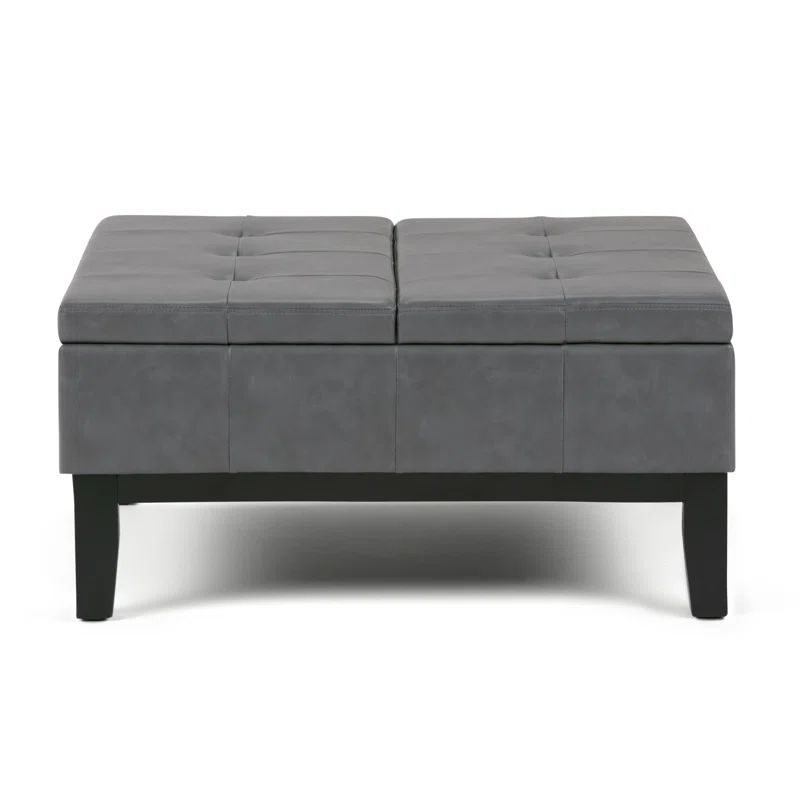 Stone Gray Faux Leather Tufted Square Cocktail Ottoman with Storage