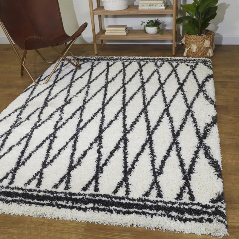 Beige and Black Braided Shag Rectangular Area Rug 5' x 7'