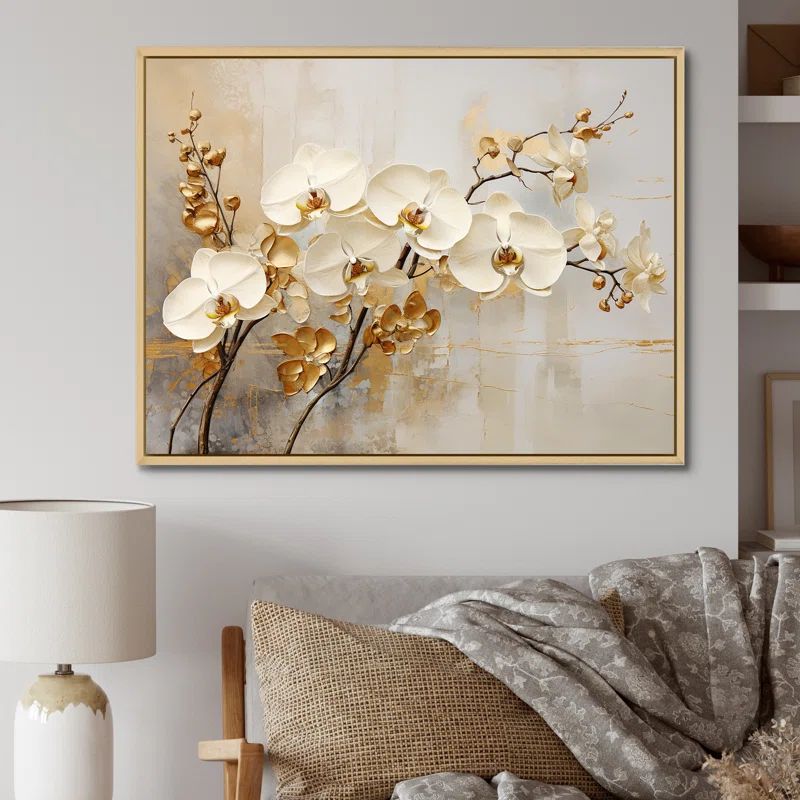 Minimalist Beige and Gold Orchids Canvas Print with Maple Frame