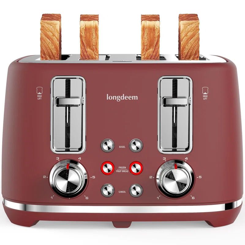 Longdeem Red Stainless Steel 4-Slice Toaster with Wide Slots