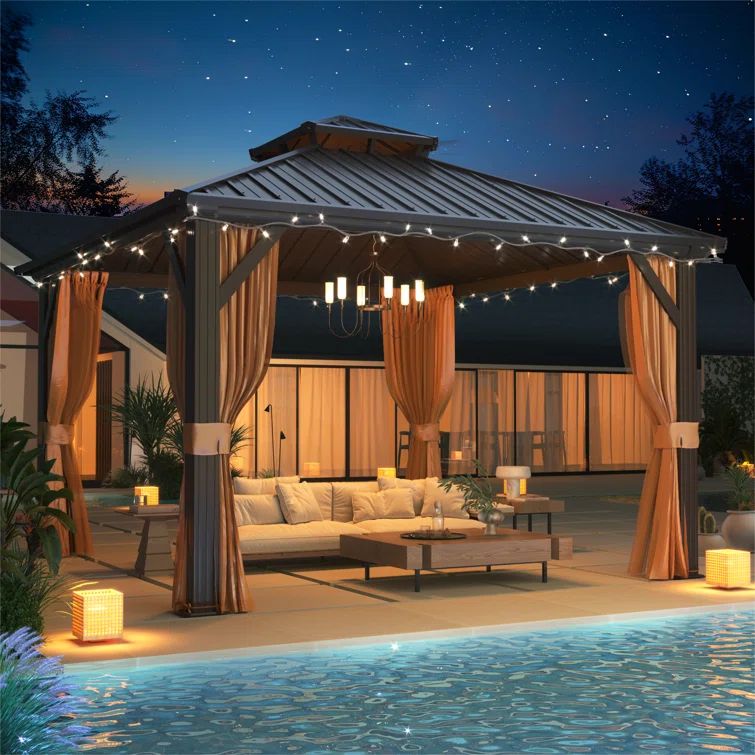 Erommy 12' x 12' Brown Aluminum Frame Gazebo with Curtains and Netting