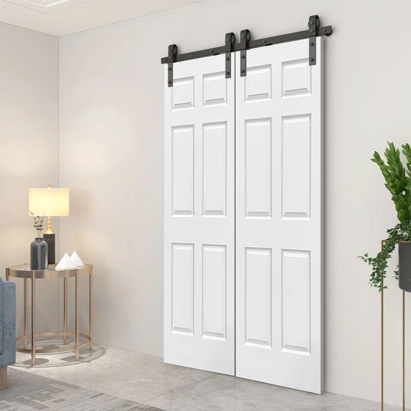 Primed White MDF Double Bifold Barn Door with Black Hardware