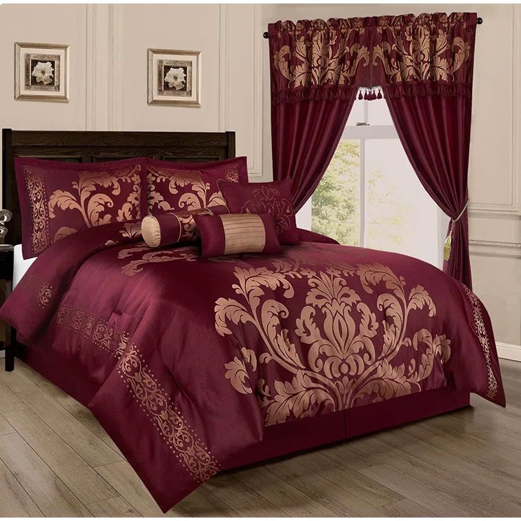 Queen Maroon and Gold Jacquard Floral Comforter Set
