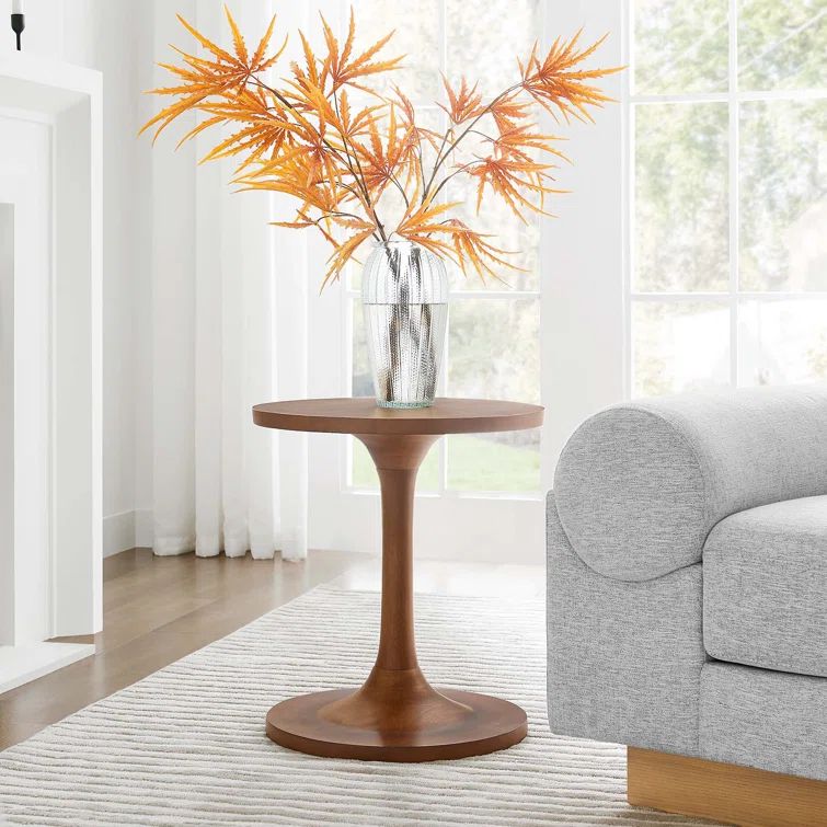Walnut Round Mango Wood Side Table with Tapered Pedestal Base
