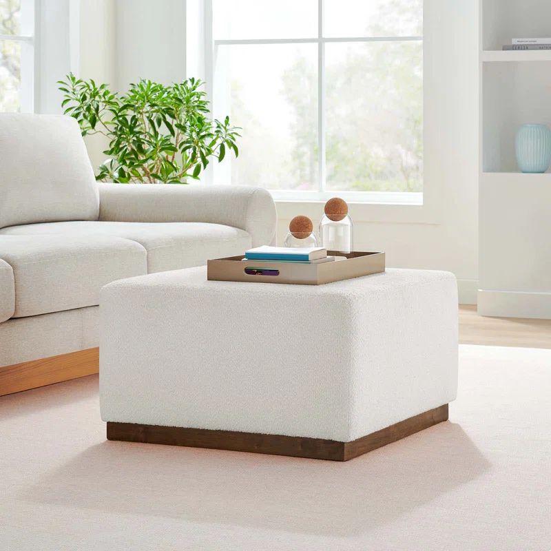 Cloud Boucle Upholstered Square Ottoman with Walnut Base