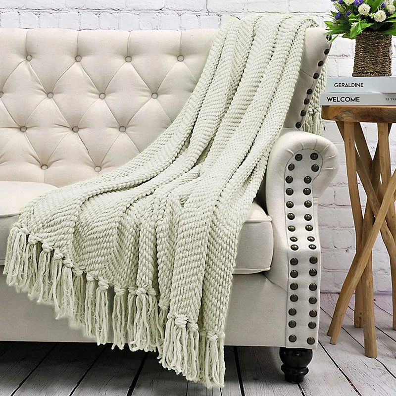 Oatmeal Knitted Reversible Throw Blanket with Braided Tassels