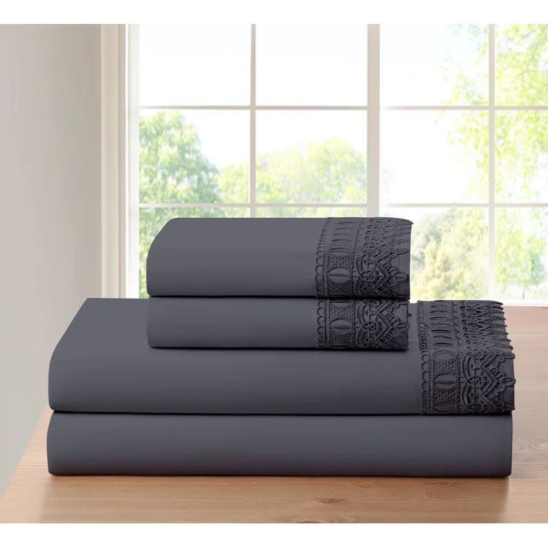 Full Dark Gray Bamboo and Microfiber Embroidered Sheet Set