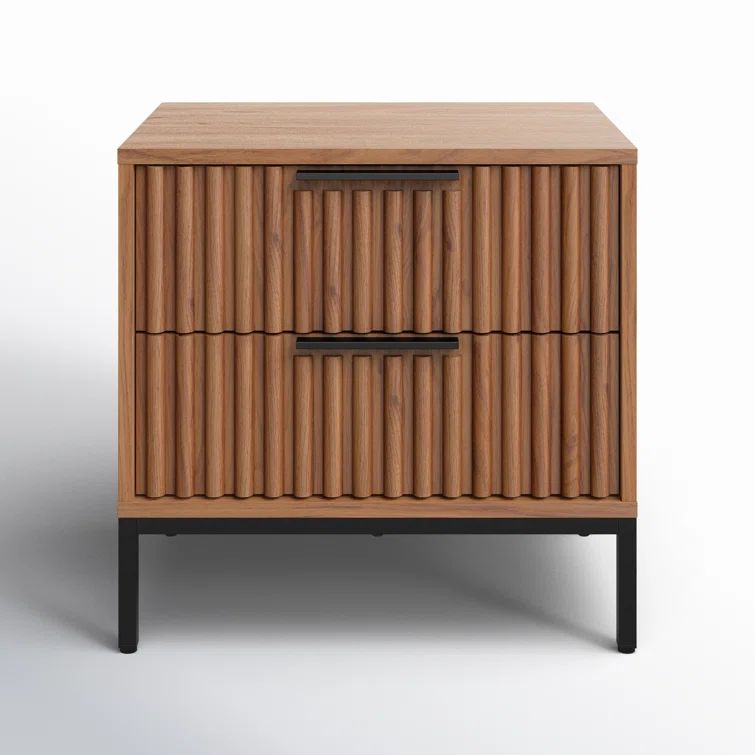 Oak and Black 2-Drawer Fluted Nightstand with Cone Legs
