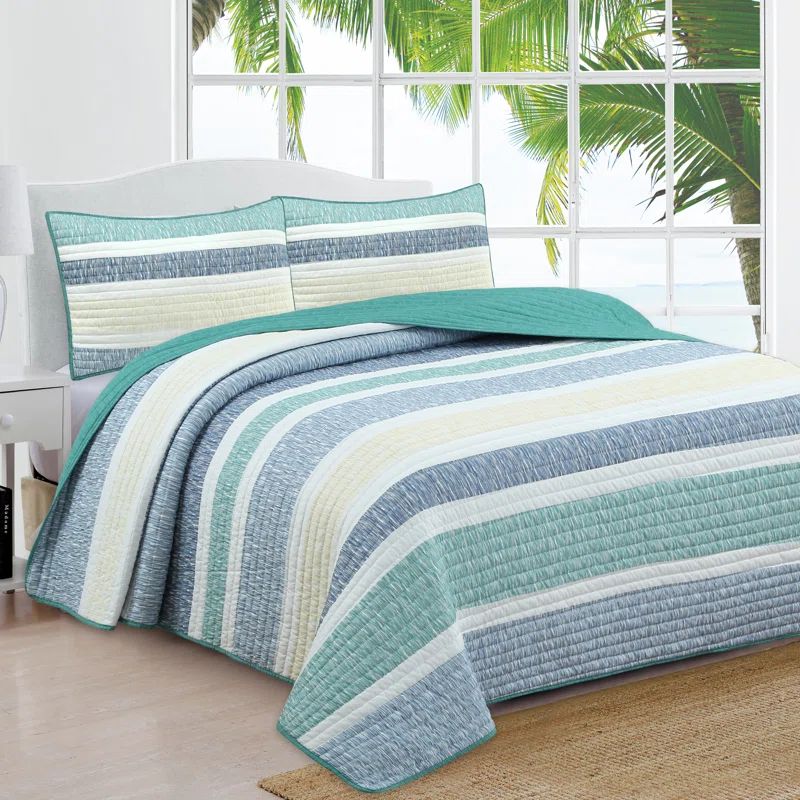 Green and Blue Reversible Microfiber Twin Quilt Set