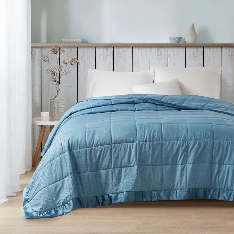 Slate Blue Satin Trim Oversized Down Alternative Blanket