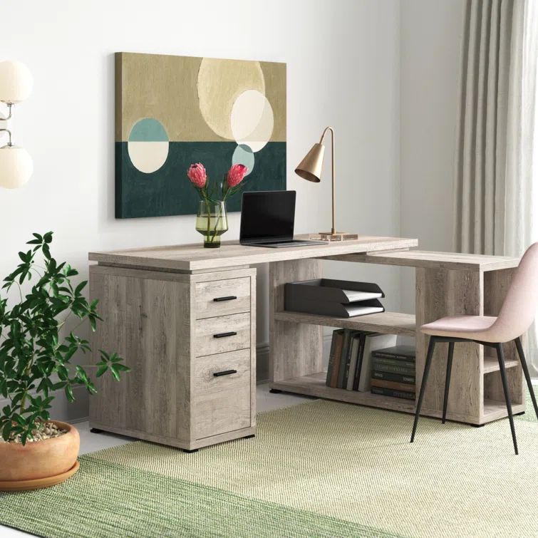 Elegant Taupe Wood Grain L-Shaped Corner Desk with Filing Cabinet and Shelves