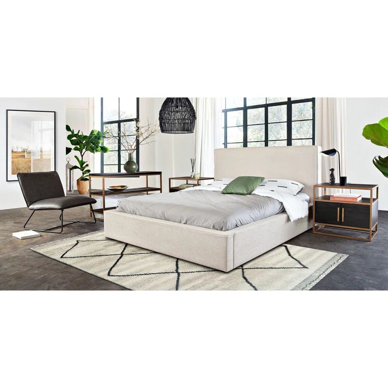 Contemporary Sand Fabric Low Profile Queen Bed with Wood and Metal Frame