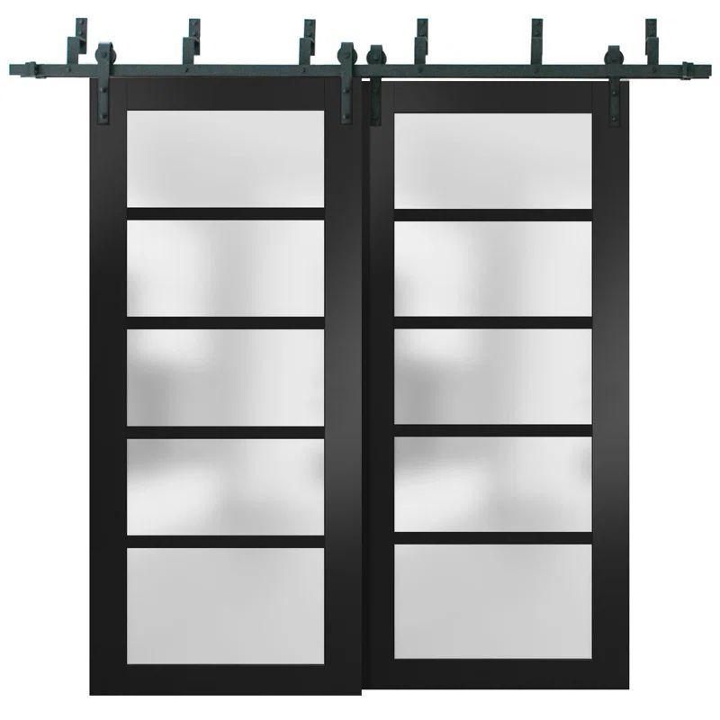 Matte Black Solid Core Frosted Glass Barn Bypass Doors 64 x 80 Inches
