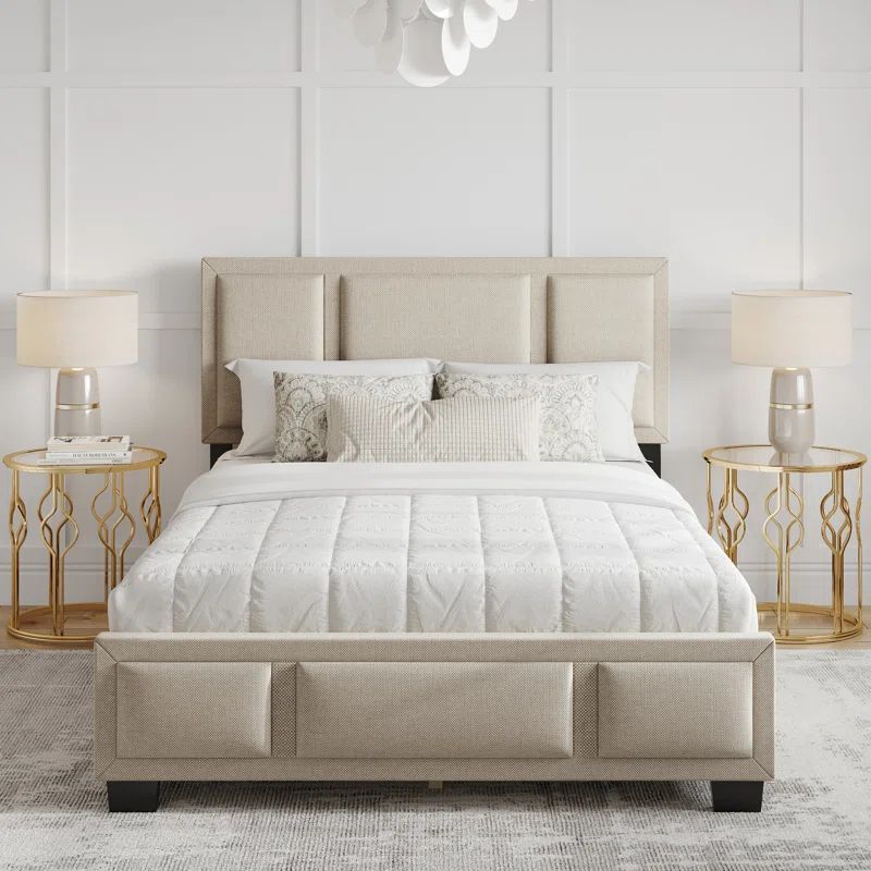 Off-White Linen Upholstered Full Platform Bed Frame with Tri-Panel Headboard