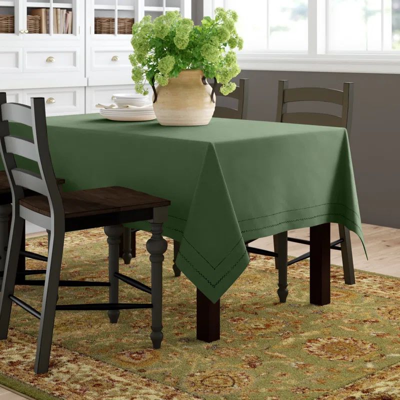 Pine Green Hemstitch Easy Care Fabric Tablecloth, 84" x 60"