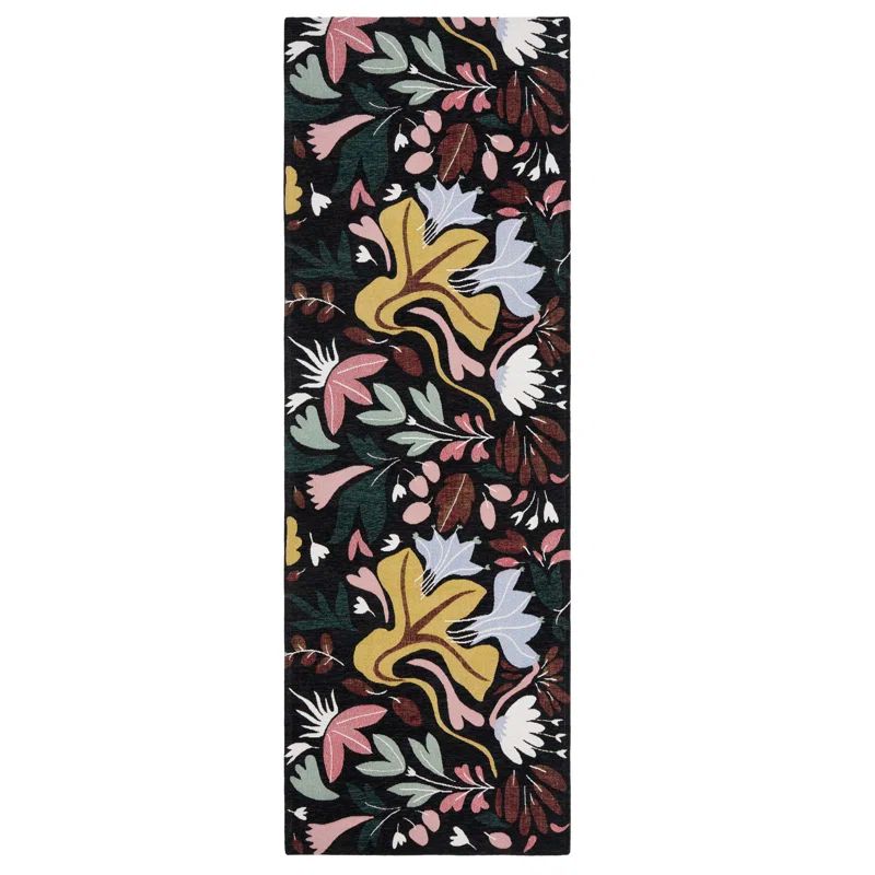 Cream Floral Synthetic Washable Non-Slip Decorative Rug, 24" x 72"