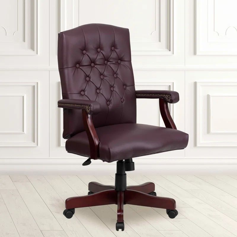 Burgundy Leather High Back Executive Swivel Office Chair with Wood Arms