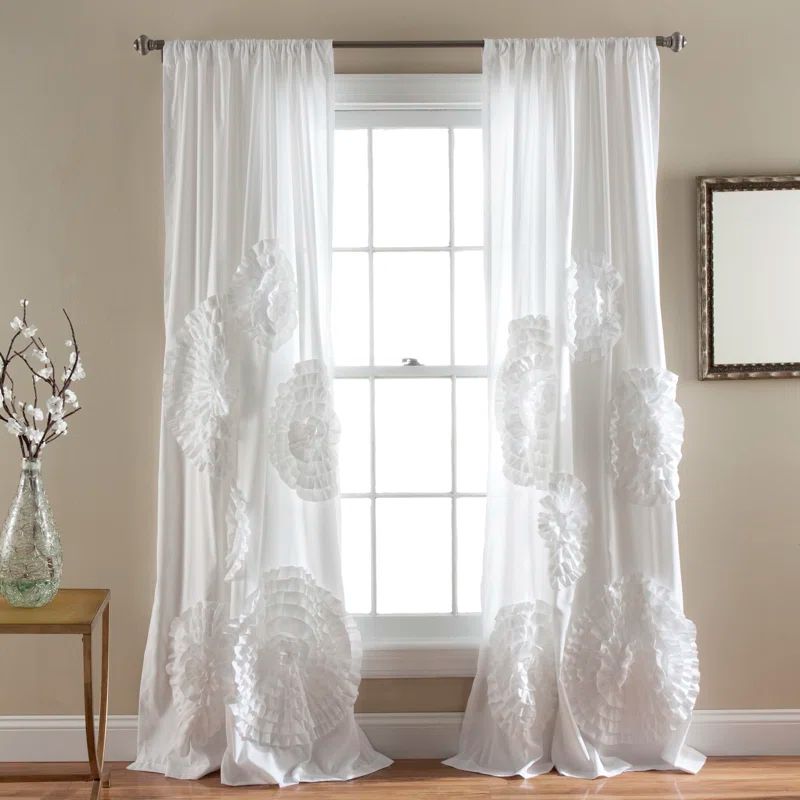 White Sheer Polyester Rod Pocket Curtain Panel with Ruffled Flowers