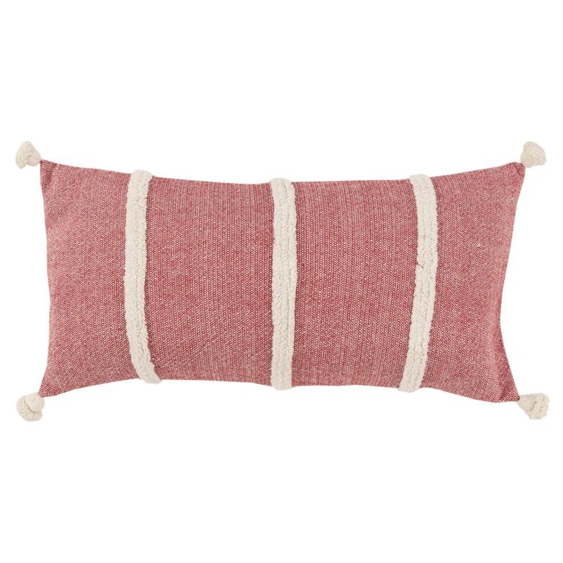 Red and Off-White Cotton Canvas Lumbar Throw Pillow with Tassels
