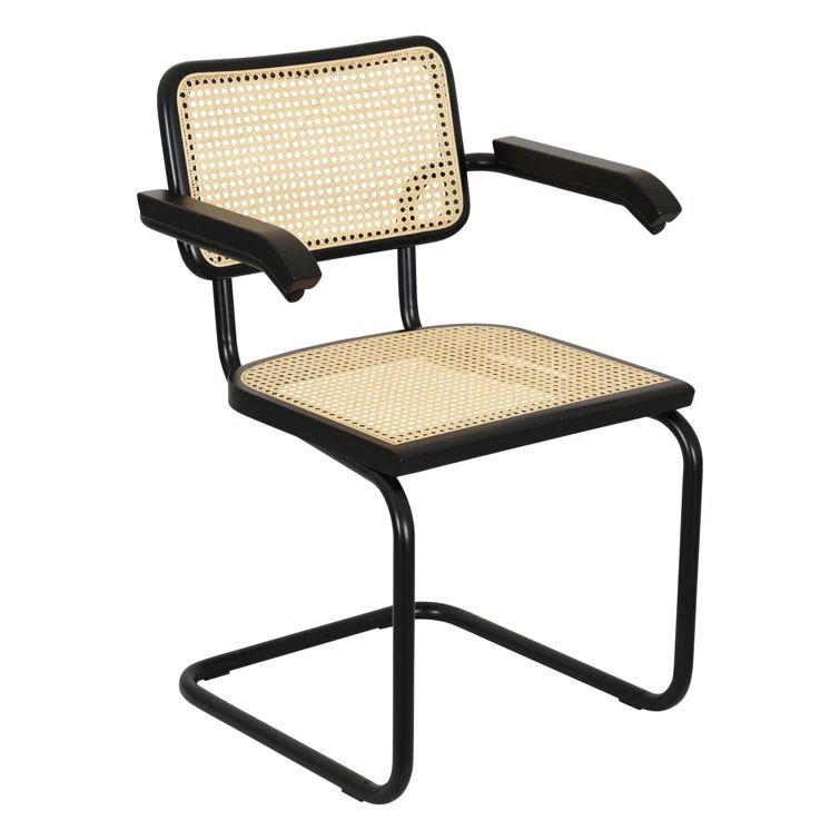 Black Steel and Natural Cane Armchair with Wood Accents