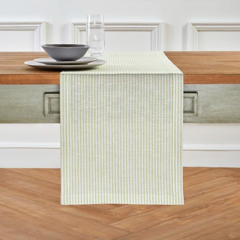 Sage and White Striped Linen Table Runner 60 inches