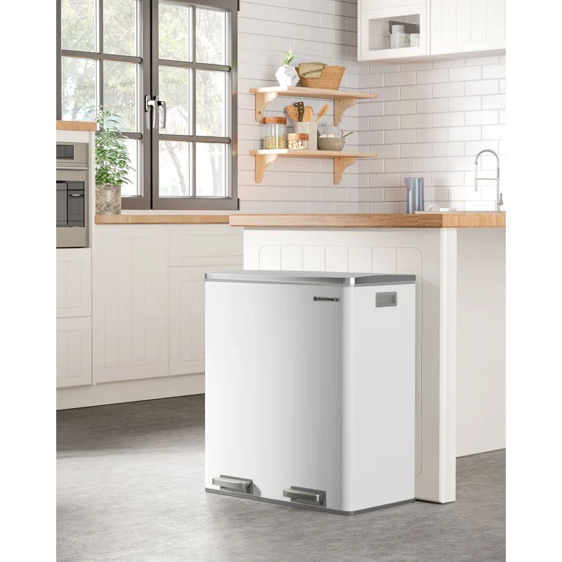 White Stainless Steel Dual Compartment Pedal Kitchen Trash Can