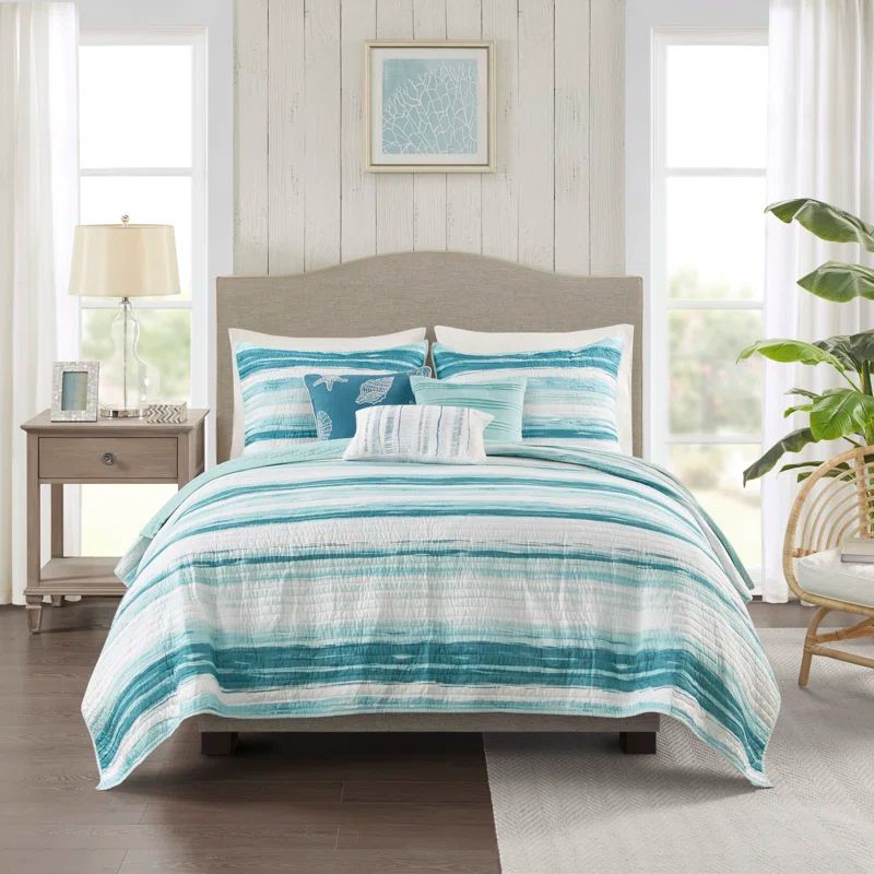 Aqua Reversible Microfiber King Quilt Set with Decorative Pillows