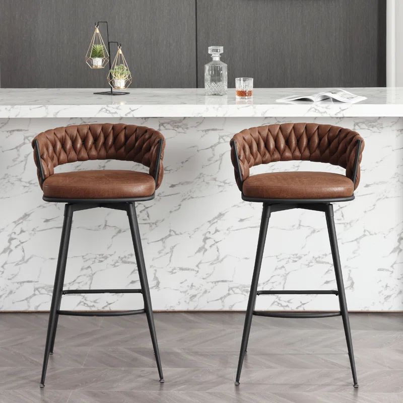 Brown Leather Swivel Bar Stools with Woven Backrest, Set of 2