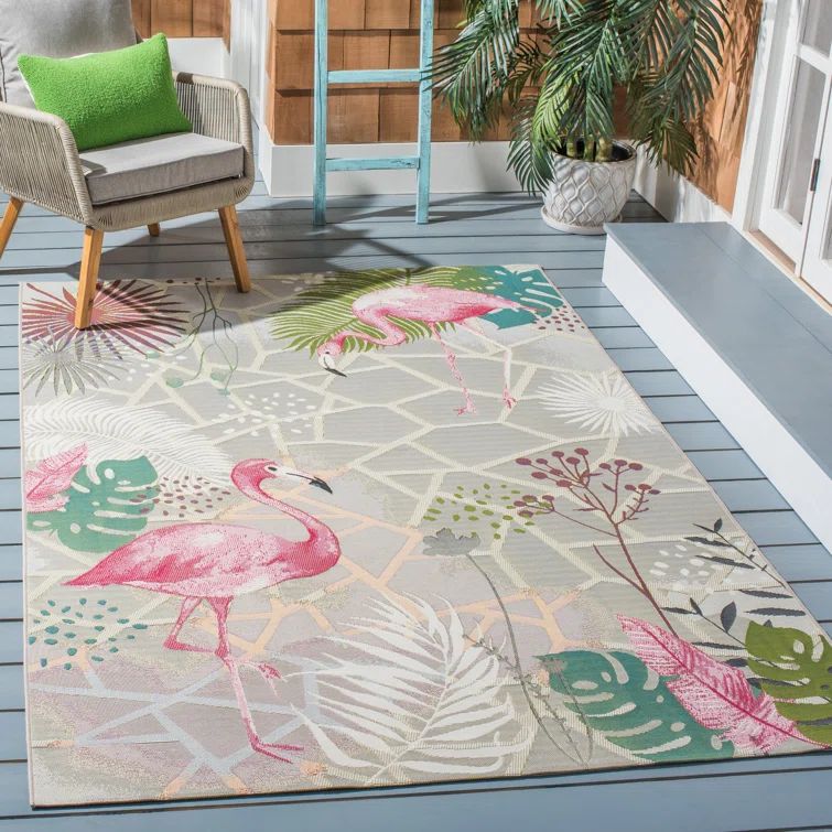 Gray and Pink Flamingo Outdoor Synthetic Area Rug 4' x 6'