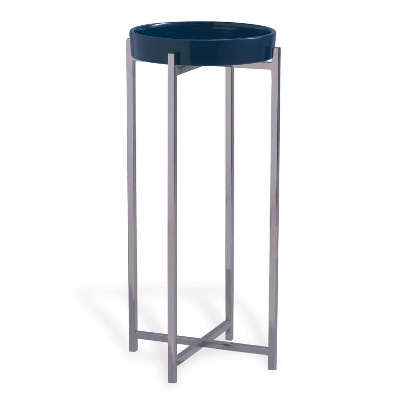 Navy Blue Porcelain Tray Top End Table with Nickel Frame