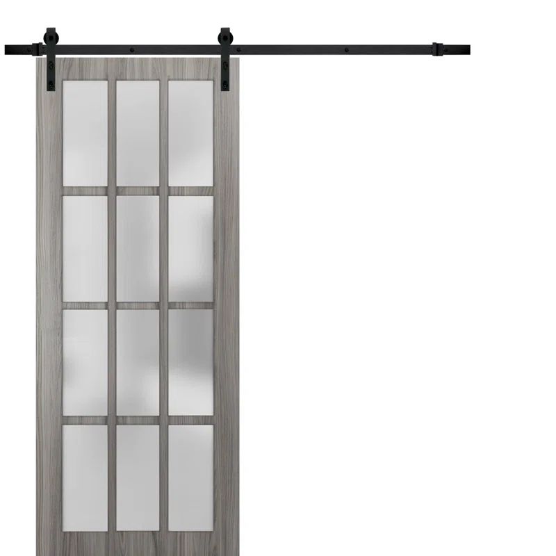 Modern White Solid Wood Barn Door with Frosted Glass Panels
