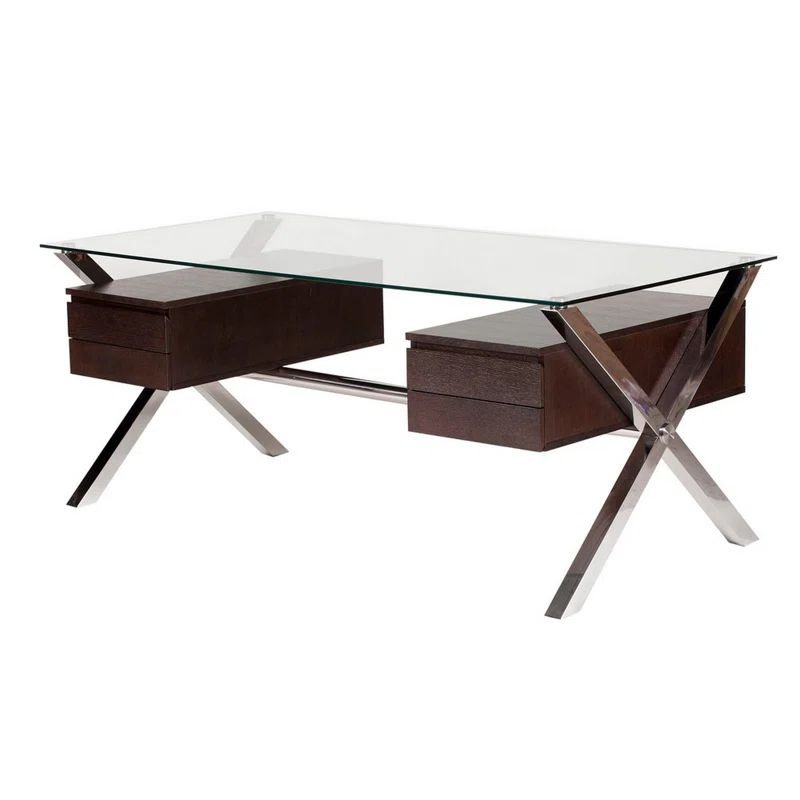 Tia 71" Dark Brown and Chrome Glass Office Desk with Drawers