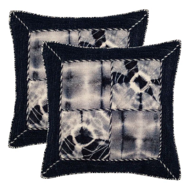 Navy and White Patchwork Jute Wool Cotton Pillow Set
